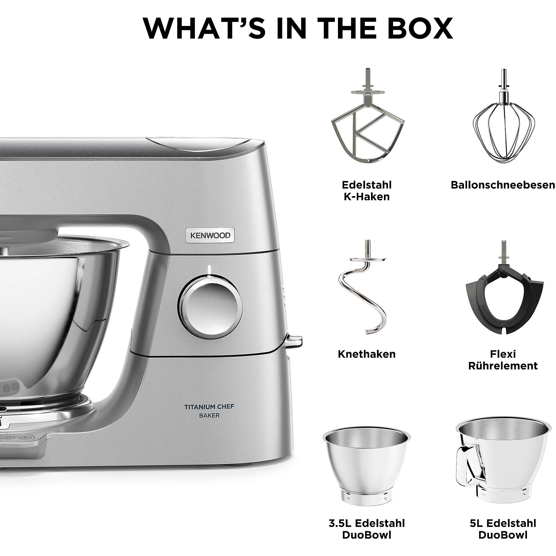 KENWOOD Titanium Chef Baker KVC85.004SI mit integrierter Waage, 2 Edelstahl-Rührschüsseln, viel Zubehör, Küchenmaschine Silber – Bild 6
